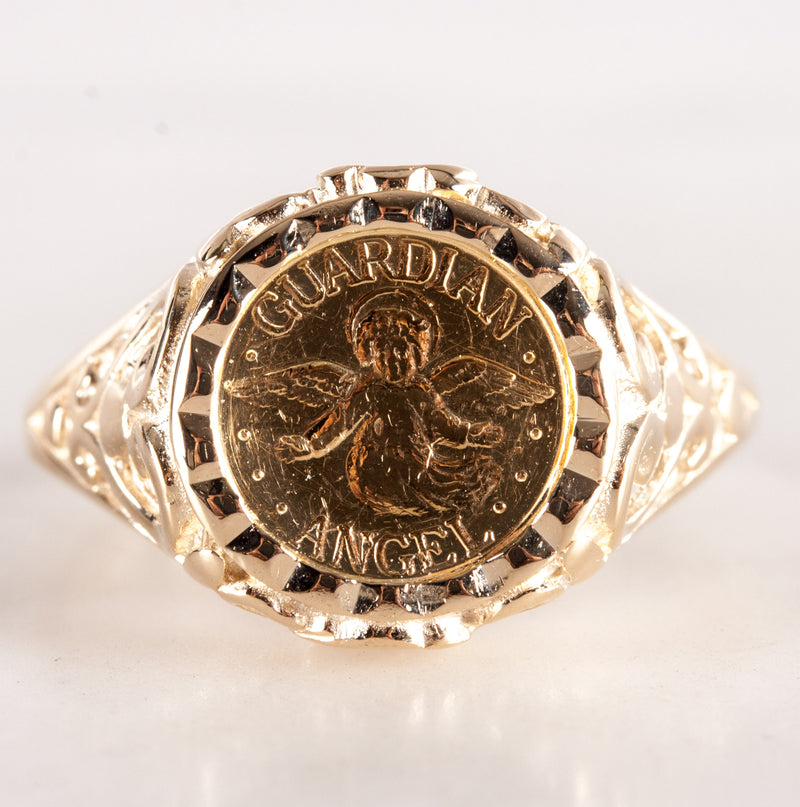10k Yellow Gold Guardian Angel .999% Gold Coin Ring 3.5g