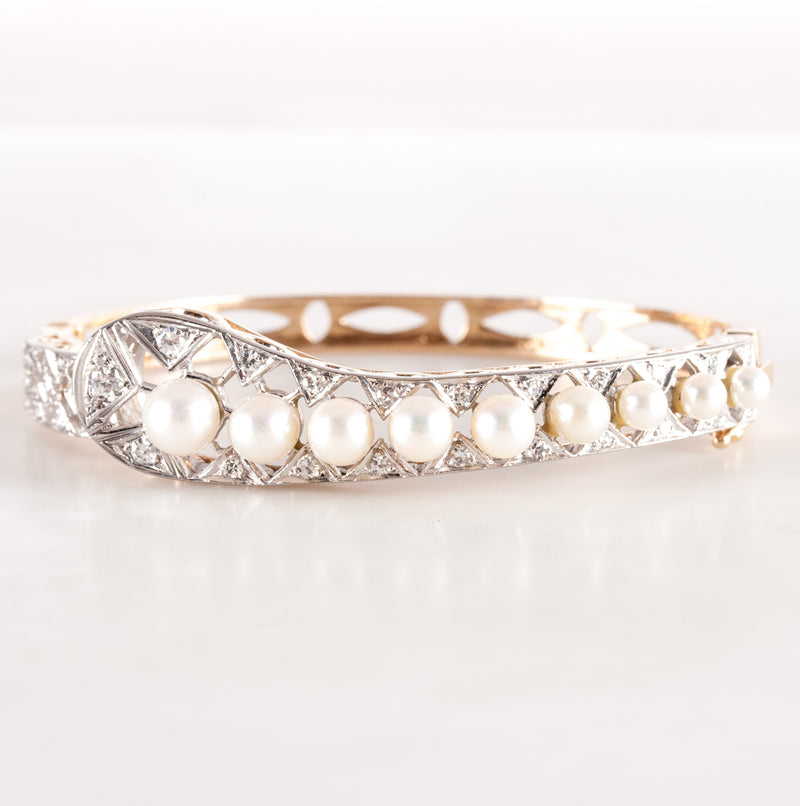 Vintage 1940's 14k Yellow White Gold Pearl Diamond Hinged Bangle Bracelet .38ctw