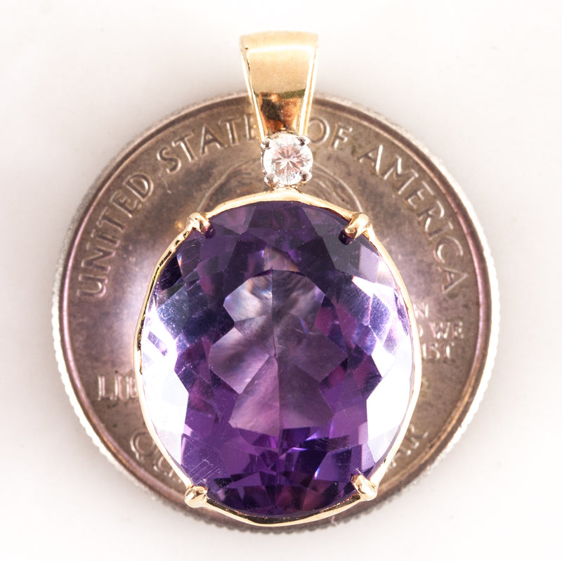 14k Yellow Gold Oval Amethyst Solitaire Pendant W/ Diamond Accent 12.79ctw 4.85g