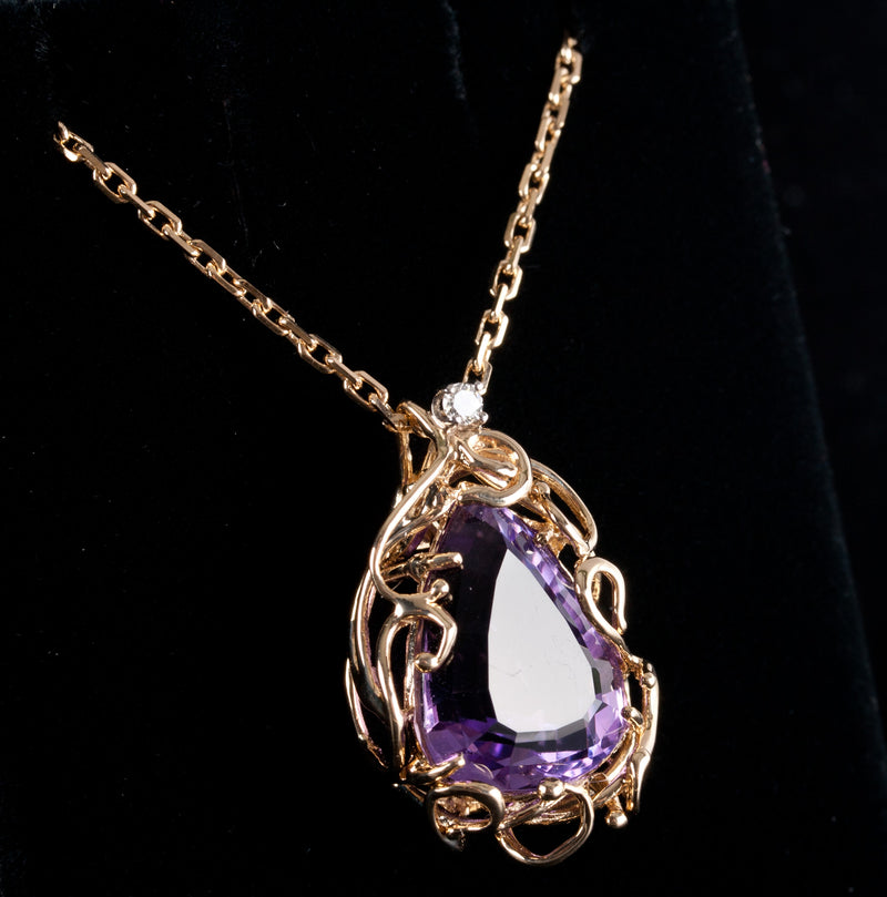 14k Yellow Gold Pear Amethyst Solitaire Necklace W/ Diamond Accent 12.64ctw