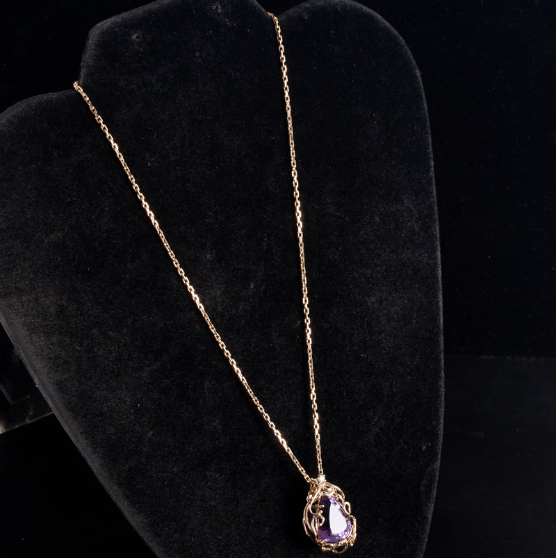 14k Yellow Gold Pear Amethyst Solitaire Necklace W/ Diamond Accent 12.64ctw