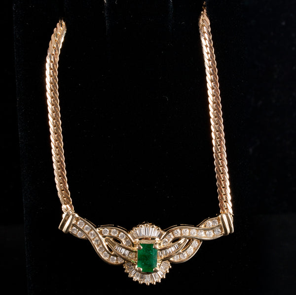 14k Yellow Gold Emerald Diamond Cluster Cocktail Italian Necklace 1.98ctw 10.88g
