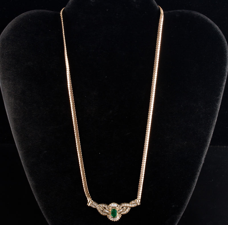 14k Yellow Gold Emerald Diamond Cluster Cocktail Italian Necklace 1.98ctw 10.88g