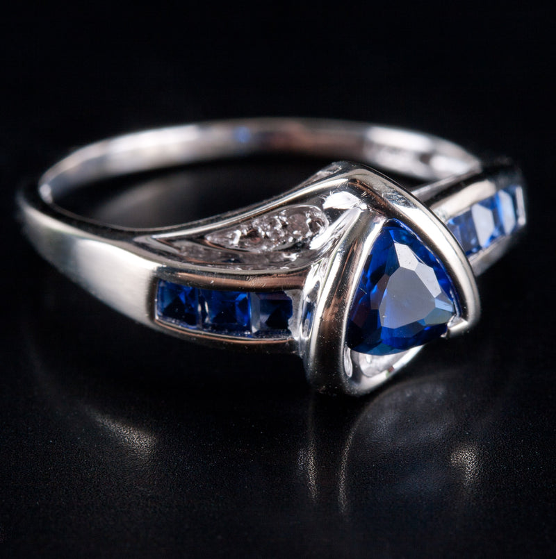14k White Gold Trillion Lab-Created Sapphire & Natural Diamond Ring .765ctw