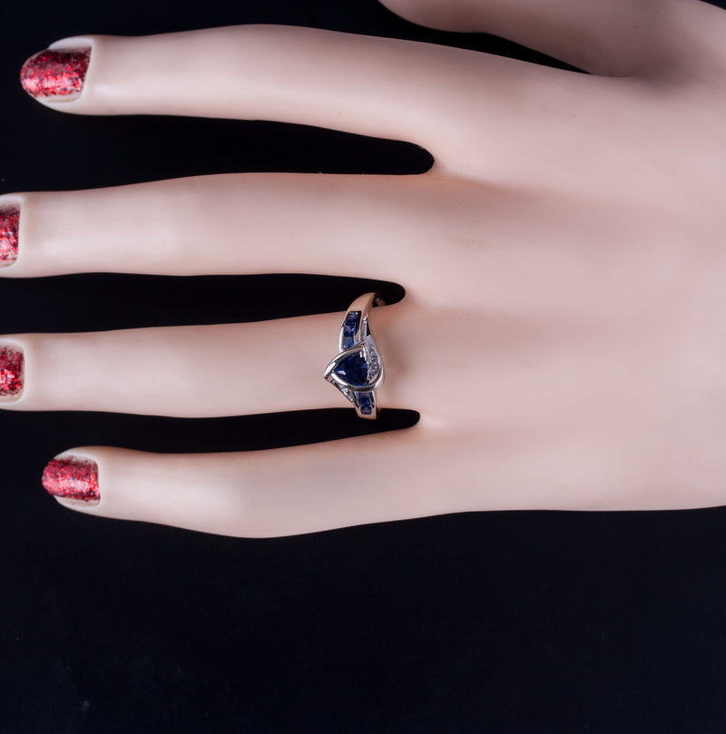 14k White Gold Trillion Lab-Created Sapphire & Natural Diamond Ring .765ctw