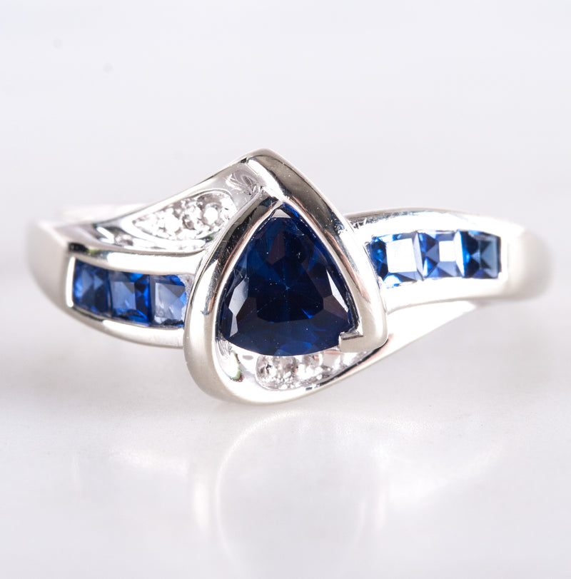 14k White Gold Trillion Lab-Created Sapphire & Natural Diamond Ring .765ctw