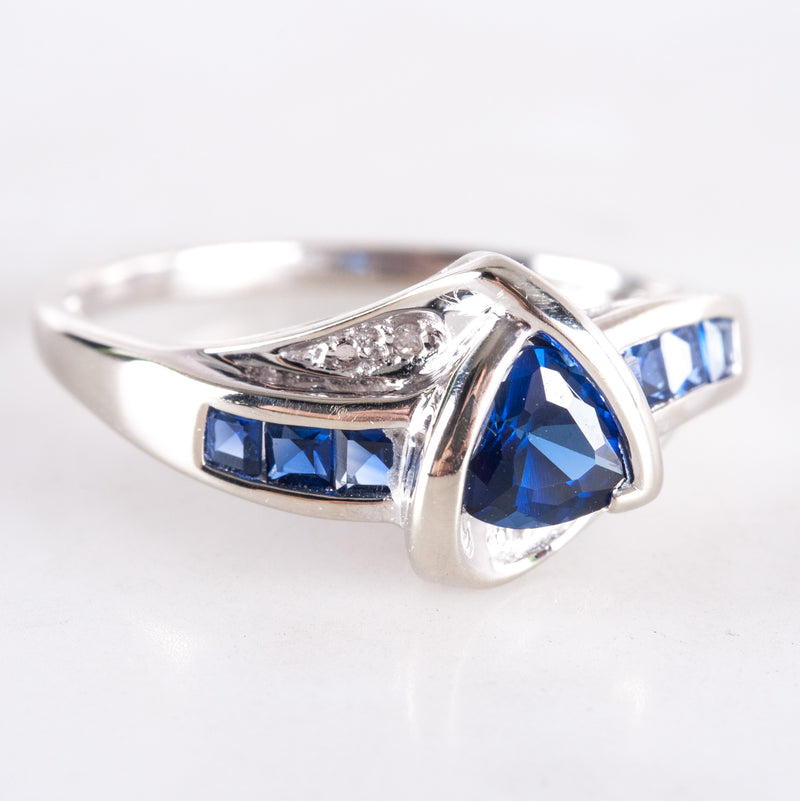 14k White Gold Trillion Lab-Created Sapphire & Natural Diamond Ring .765ctw