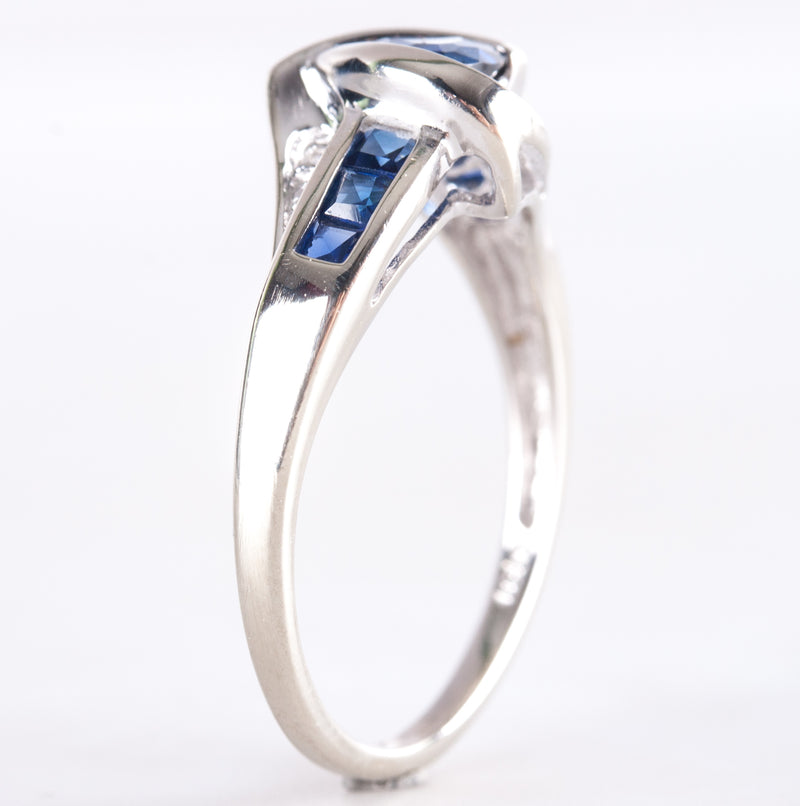 14k White Gold Trillion Lab-Created Sapphire & Natural Diamond Ring .765ctw