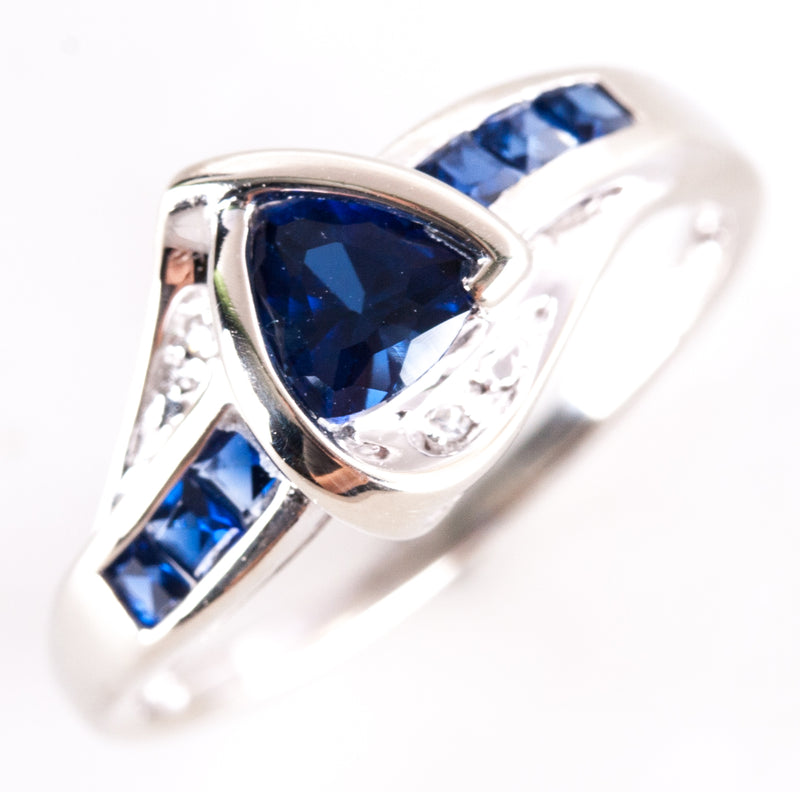 14k White Gold Trillion Lab-Created Sapphire & Natural Diamond Ring .765ctw