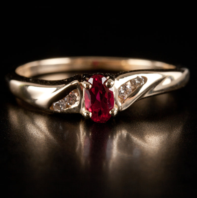 14k Yellow Gold Oval Lab-Created Ruby & Natural Diamond Ring .35ctw 1.80g