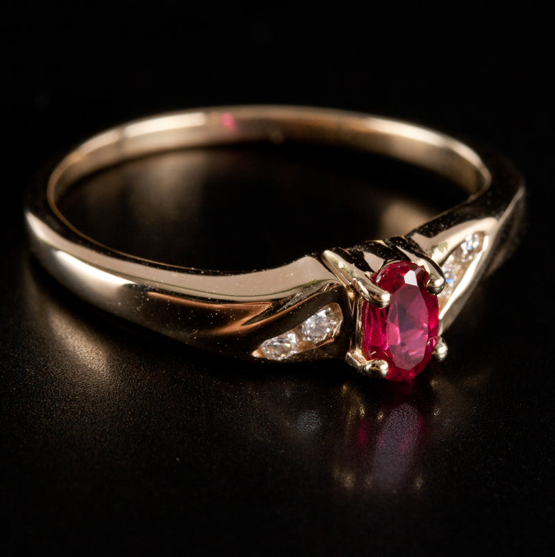 14k Yellow Gold Oval Lab-Created Ruby & Natural Diamond Ring .35ctw 1.80g