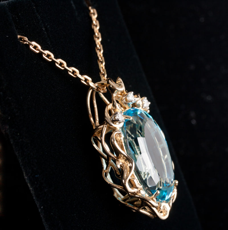14k Yellow Gold Swiss Blue Topaz Diamond Necklace W/ 18" Chain 19.66ctw 18.75g