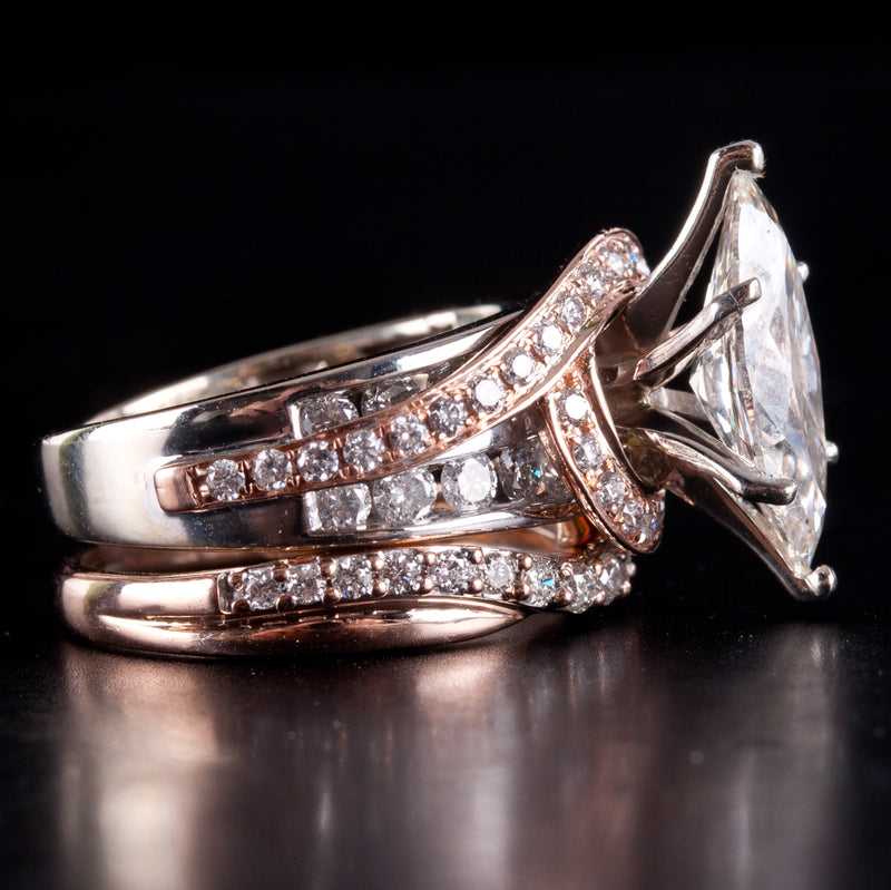 14k White Rose Gold Marquise K VVS2 Diamond Engagement Wedding Ring Set 2.946ctw