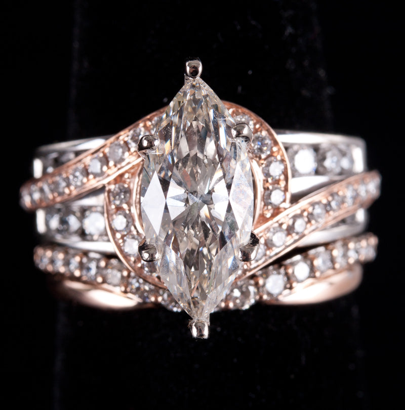 14k White Rose Gold Marquise K VVS2 Diamond Engagement Wedding Ring Set 2.946ctw