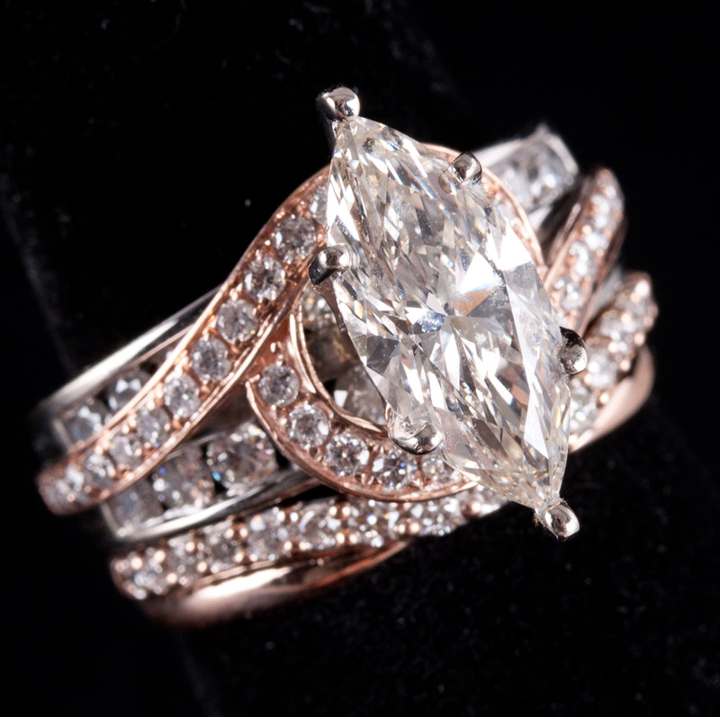 14k White Rose Gold Marquise K VVS2 Diamond Engagement Wedding Ring Set 2.946ctw