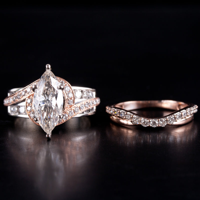 14k White Rose Gold Marquise K VVS2 Diamond Engagement Wedding Ring Set 2.946ctw