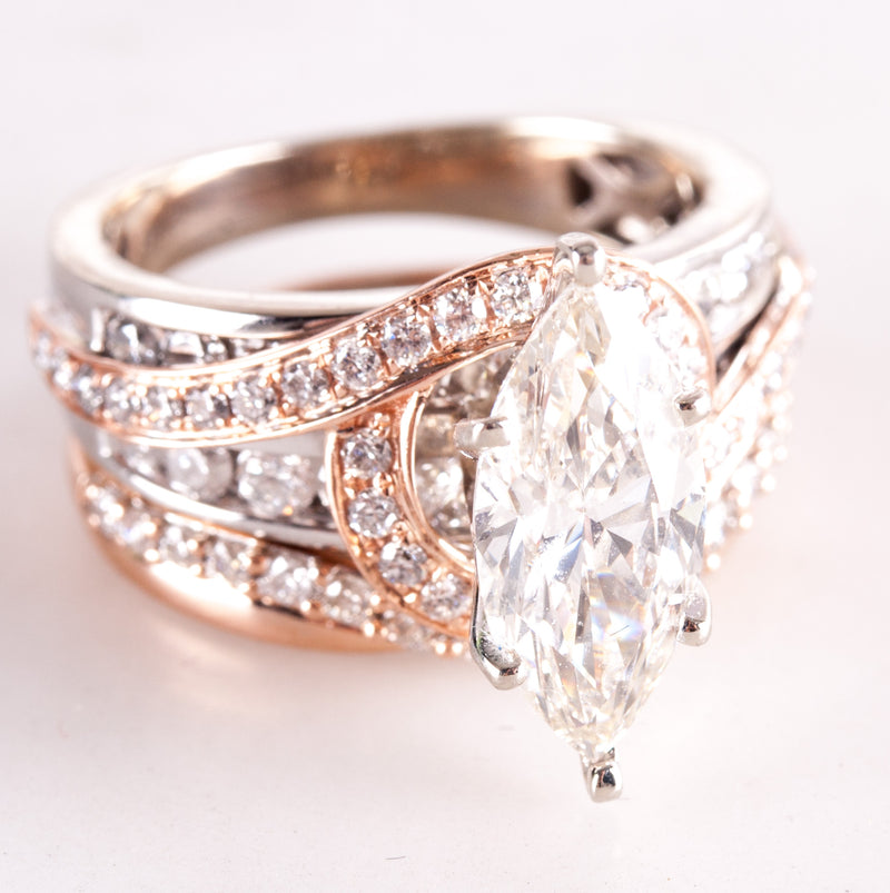 14k White Rose Gold Marquise K VVS2 Diamond Engagement Wedding Ring Set 2.946ctw