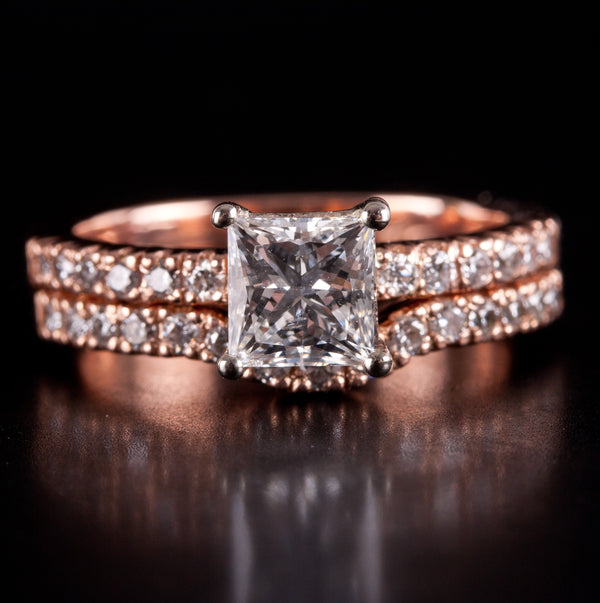 14k Rose White Gold Princess H SI1 Diamond Engagement Wedding Ring Set 1.20ctw