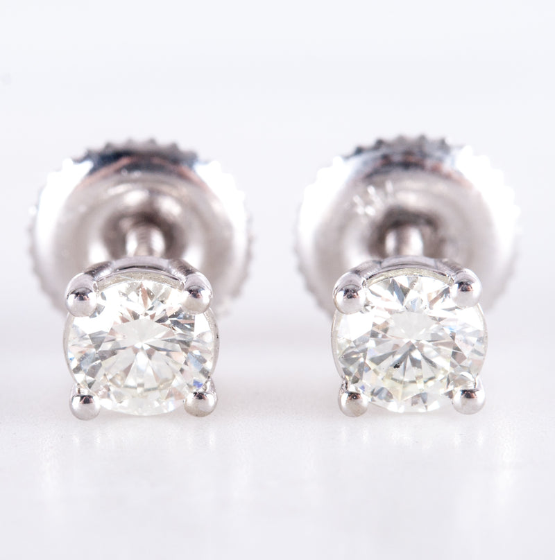 14k White Gold Round Diamond Solitaire Stud Earrings W/ Screw Backs .66ctw .85g