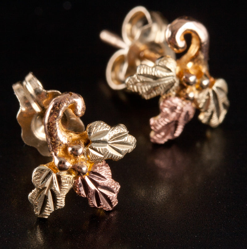10k Black Hills Gold Tri-Color Floral Stud Earrings W/ Butterfly Backs .94g