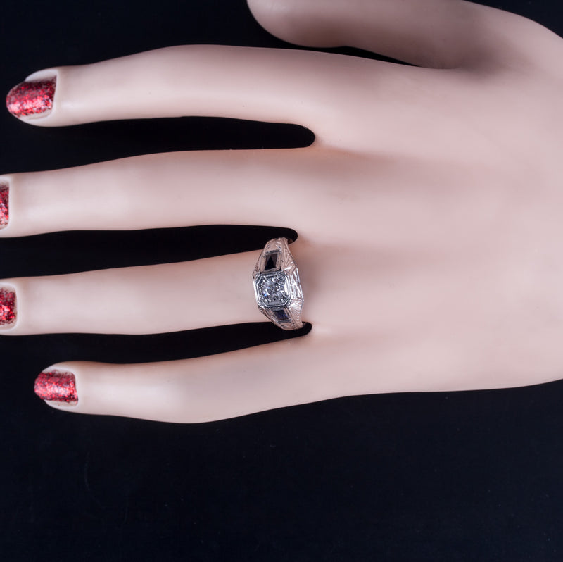 Vintage 1940s 18k White Gold Old Euro Diamond Lab-Created Sapphire Ring .41ctw