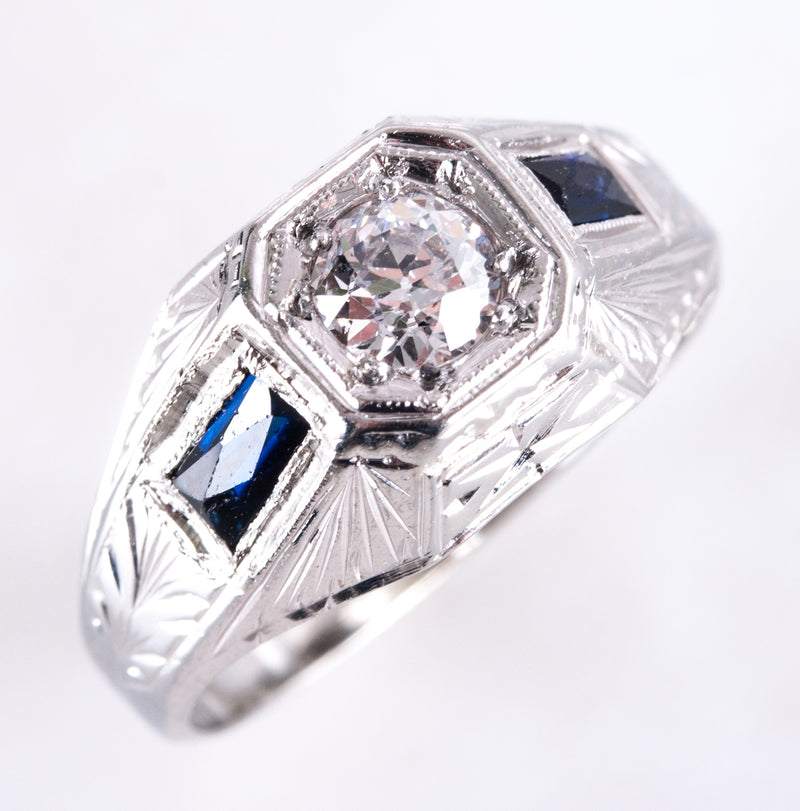 Vintage 1940s 18k White Gold Old Euro Diamond Lab-Created Sapphire Ring .41ctw