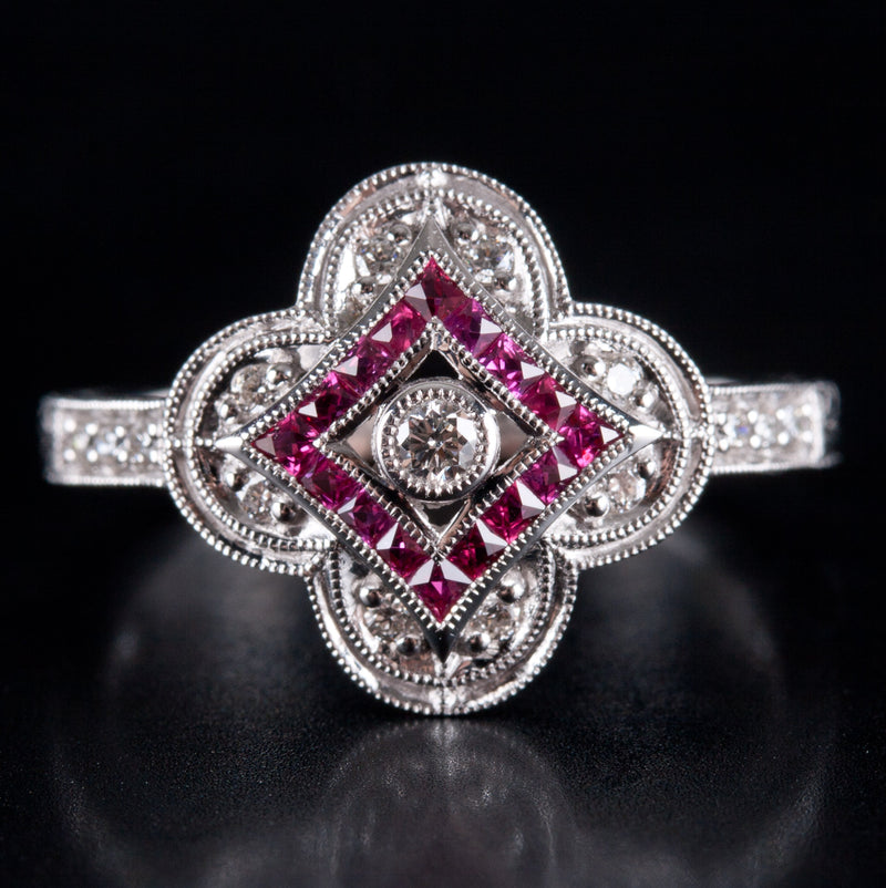 14k White Gold Princess Ruby & Diamond Clover Style Cluster Ring .32ctw 2.5g