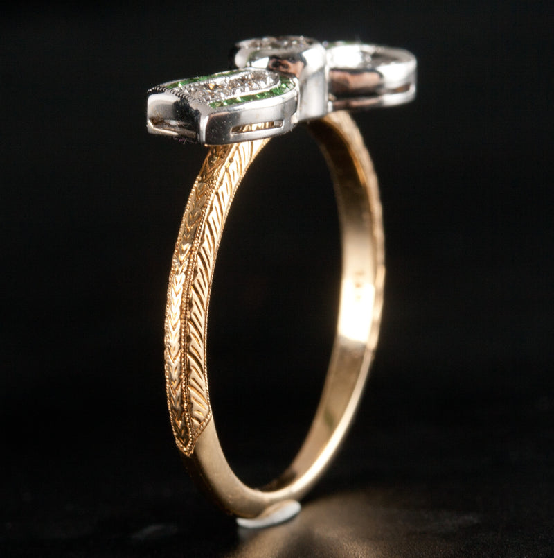 14k Yellow White Gold Princess Tsavorite Garnet & Diamond Bow Style Ring .34ctw