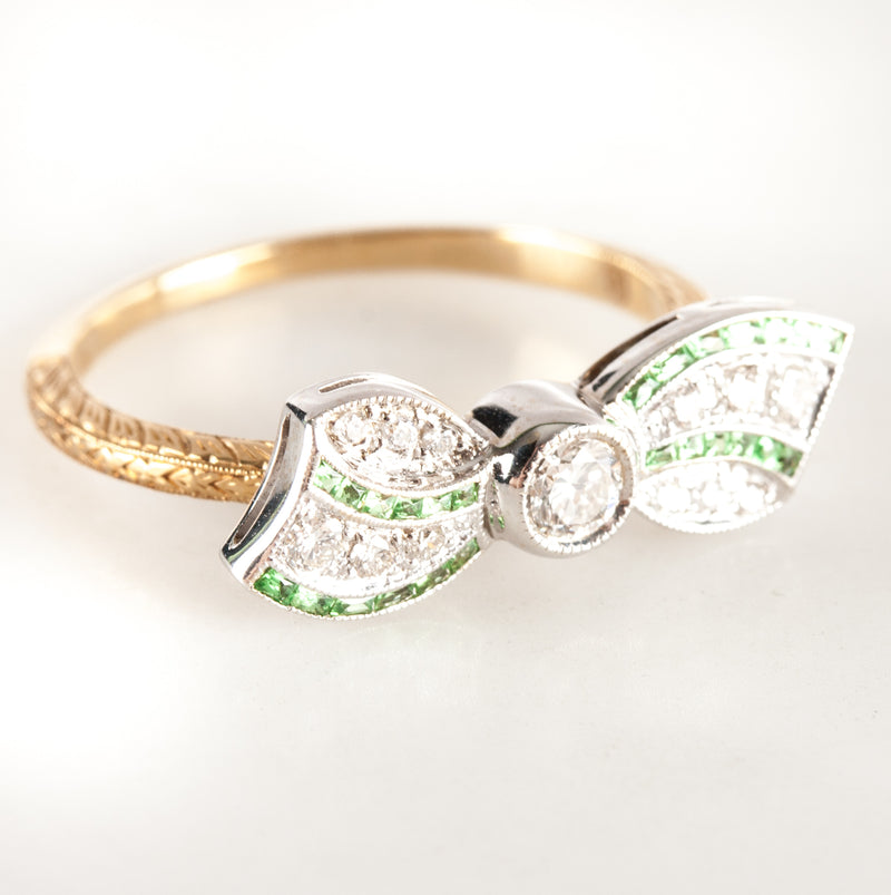 14k Yellow White Gold Princess Tsavorite Garnet & Diamond Bow Style Ring .34ctw