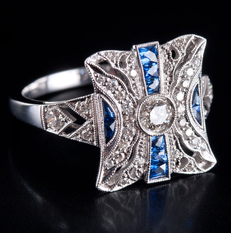 14k White Gold Sapphire & Diamond Vintage Inspired Cluster Ring .72ctw 3.5g