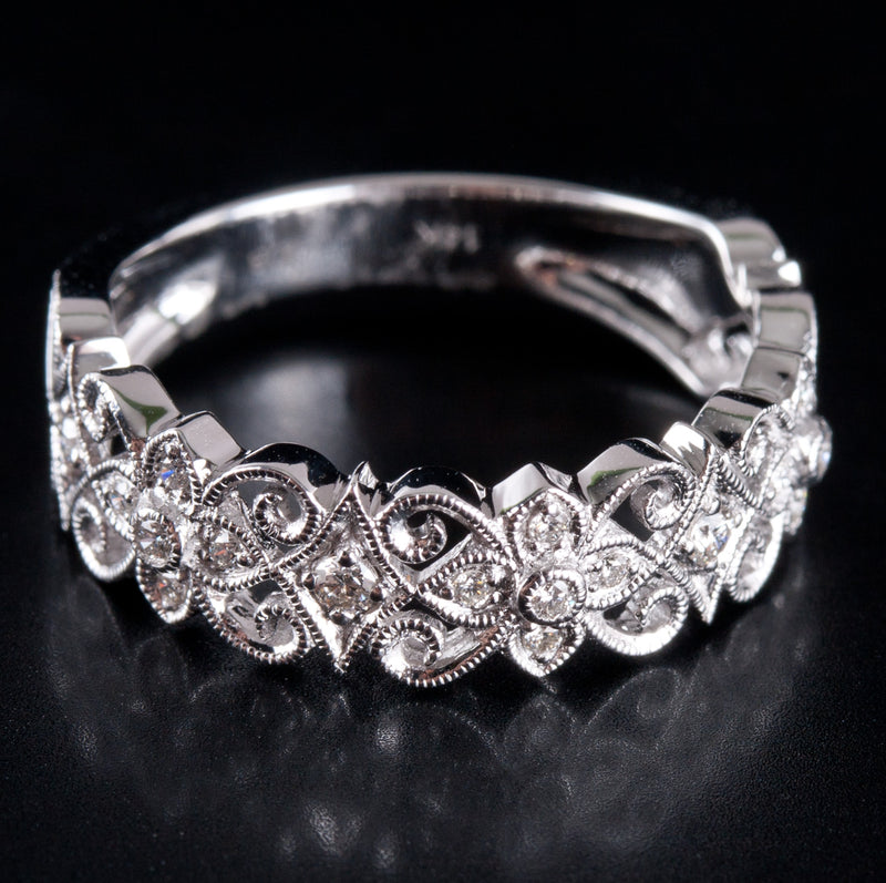 14k White Gold Round Diamond Vintage Inspired Wedding Ring .15ctw 3.3g