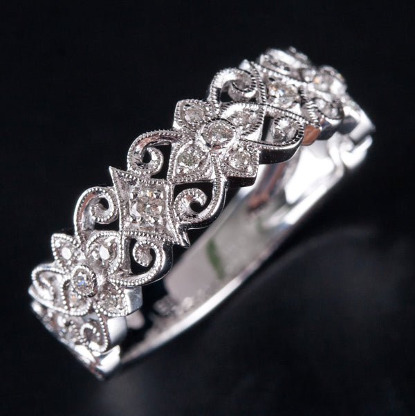 14k White Gold Round Diamond Vintage Inspired Wedding Ring .15ctw 3.3g