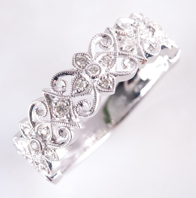 14k White Gold Round Diamond Vintage Inspired Wedding Ring .15ctw 3.3g