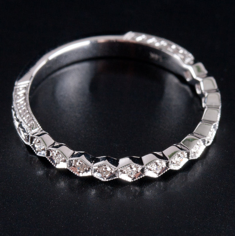 14k White Gold Round Diamond Vintage Inspired Wedding Ring .07ctw 2.0g