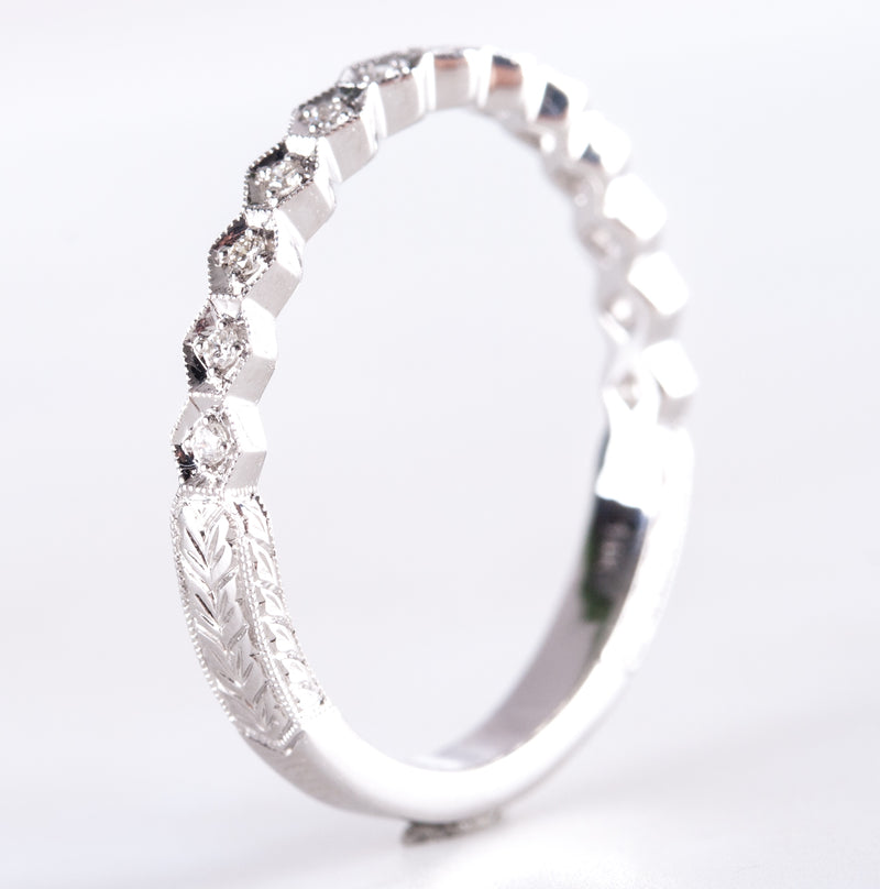 14k White Gold Round Diamond Vintage Inspired Wedding Ring .07ctw 2.0g