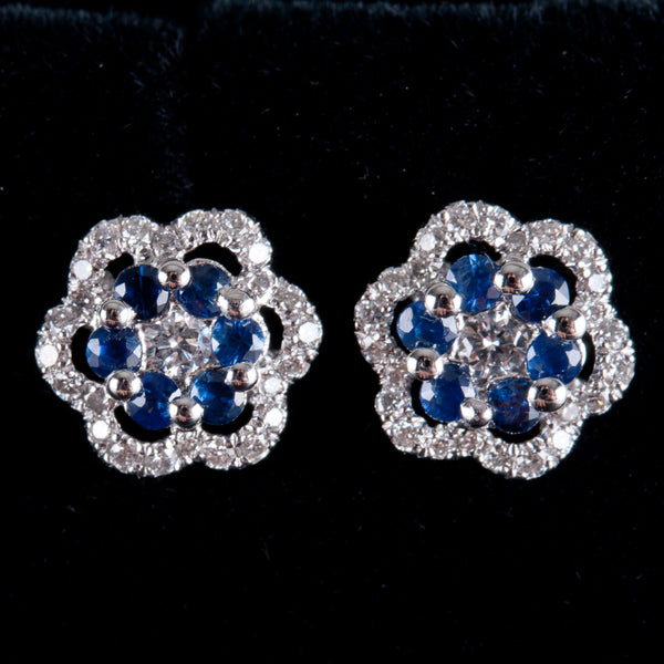 14k White Gold Round Sapphire Diamond Stud Earrings W/ Butterfly Backs .37ctw