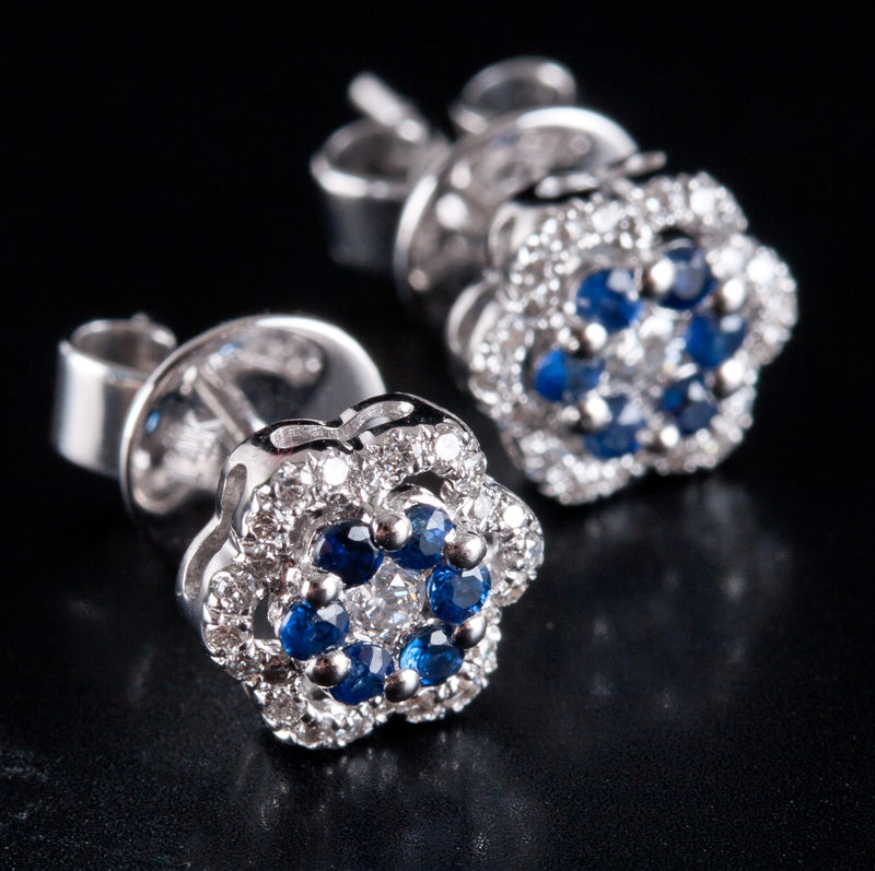 14k White Gold Round Sapphire Diamond Stud Earrings W/ Butterfly Backs .37ctw