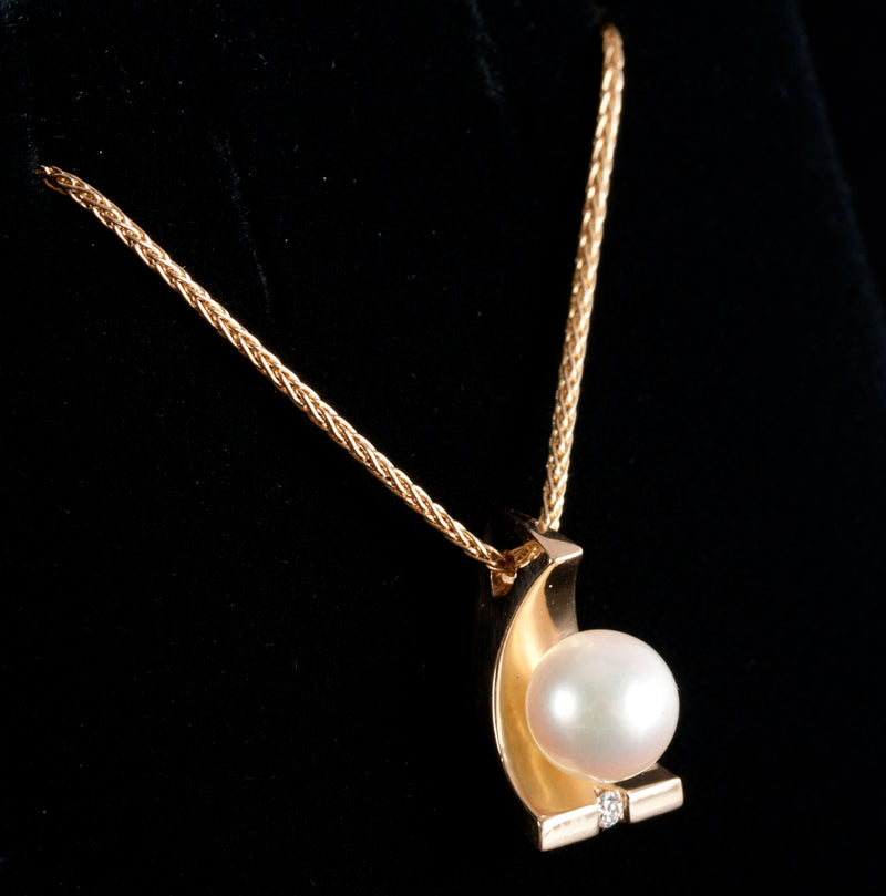 14k Yellow Gold Cultured Round Pearl Diamond Pendant W/ 16" Chain .02ctw 5.0g