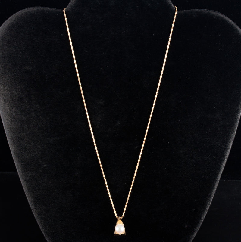 14k Yellow Gold Cultured Round Pearl Diamond Pendant W/ 16" Chain .02ctw 5.0g