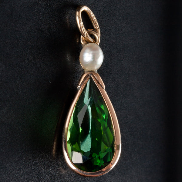 14k Yellow Gold Pear Green Tourmaline Round Cultured Pearl Pendant 2.79ct 1.18g