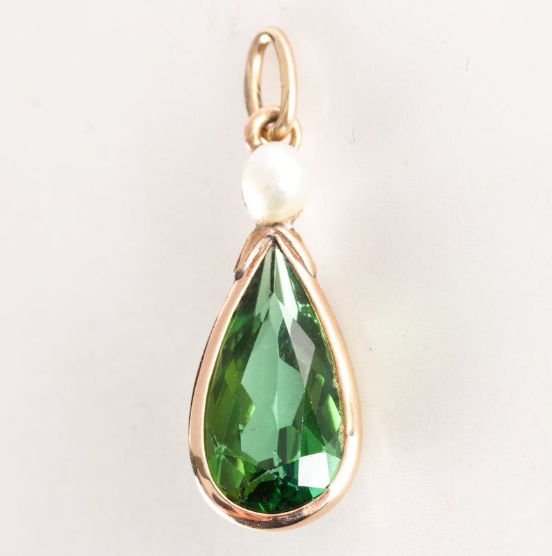 14k Yellow Gold Pear Green Tourmaline Round Cultured Pearl Pendant 2.79ct 1.18g