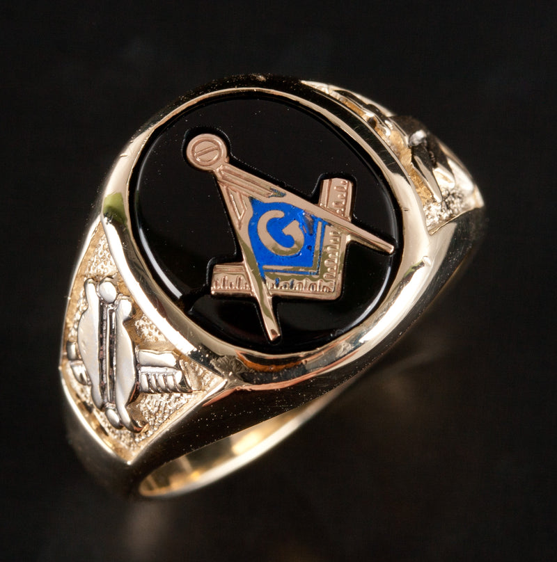 Men's Vintage 1970's 10k Yellow Gold Onyx Enamel Masonic Mason Ring 12.4g