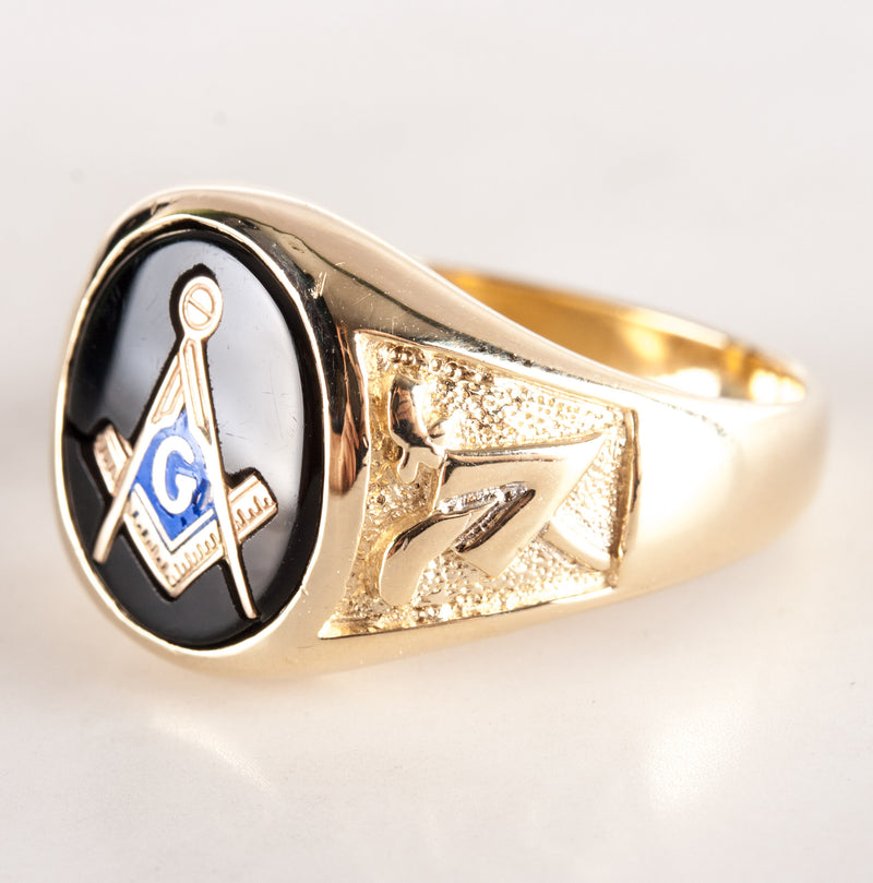 Men's Vintage 1970's 10k Yellow Gold Onyx Enamel Masonic Mason Ring 12.4g
