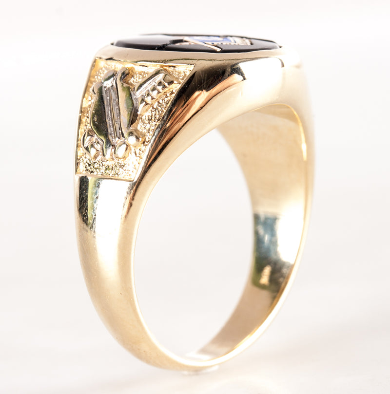 Men's Vintage 1970's 10k Yellow Gold Onyx Enamel Masonic Mason Ring 12.4g