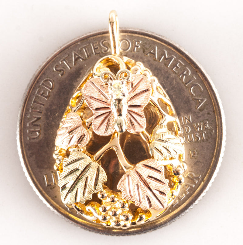14k Black Hills Gold Tri-Color Round Diamond Floral Butterfly Pendant .03ct 2.8g