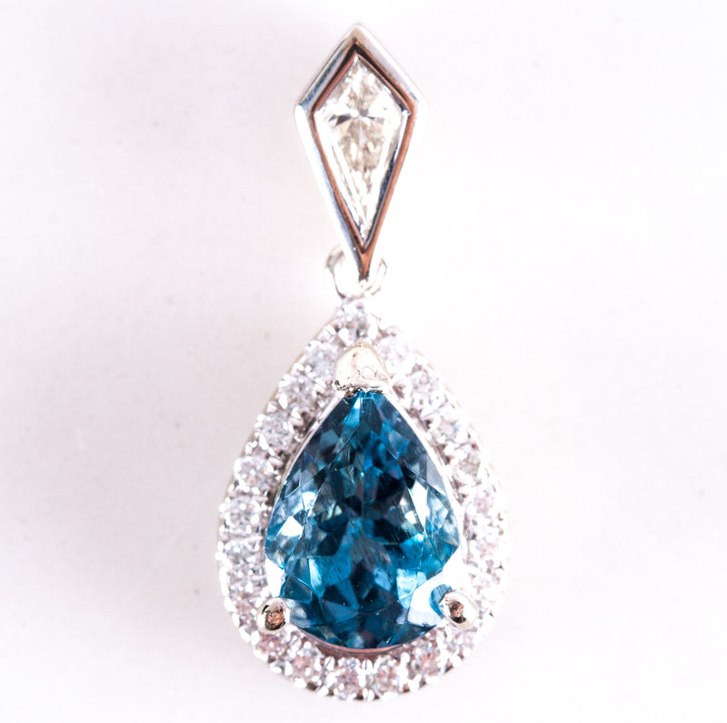 14k White Gold Pear Blue Zircon And Diamond Halo Style Pendant 1.73ctw 1.90g