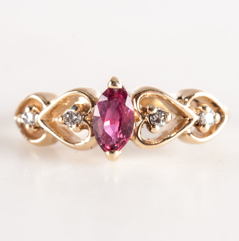 14k Yellow Gold Marquise Ruby Round Diamond Heart Style Ring .27ctw 1.93g