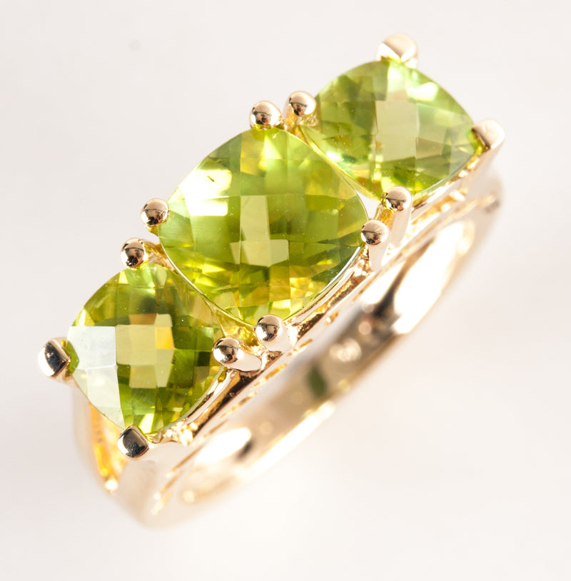 14k Yellow Gold Cushion Checkerboard Peridot Three Stone Cocktail Ring 3.65ctw