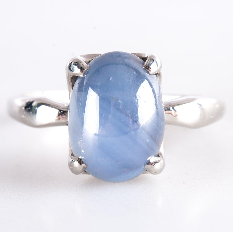 Vintage 1950's 14k White Gold Oval Cabochon Star Sapphire Solitaire Ring 4.0ct
