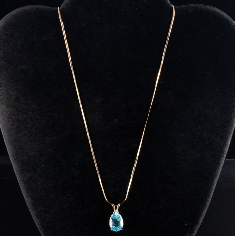 14k Yellow Gold Pear Swiss Blue Topaz Solitaire Necklace W/ 18" Chain 7.5ct